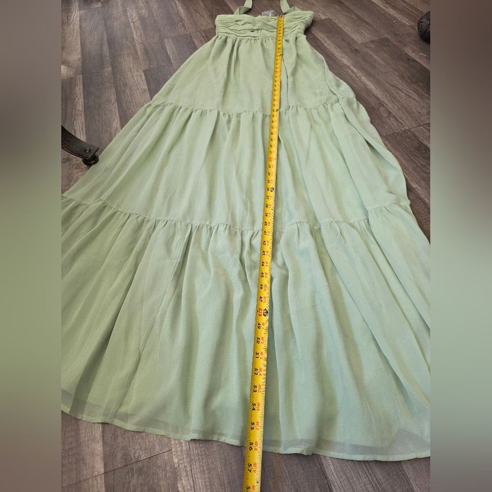 ASOS DESIGN Tall ruched bodice halter tiered maxi dress Sage green Wedding Y2K - Picture 11 of 13